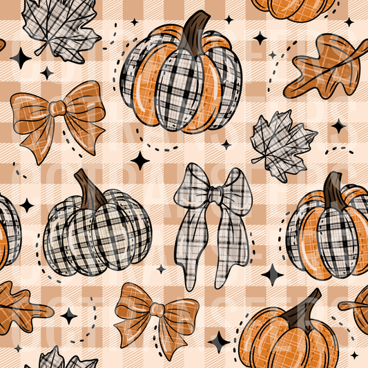 Fall Plaid Pumpkins Bows Maple Leaves Pattern (DTF)