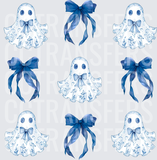 Cute Blue Floral Ghosts with Ribbon Bows Bundle (DTF)