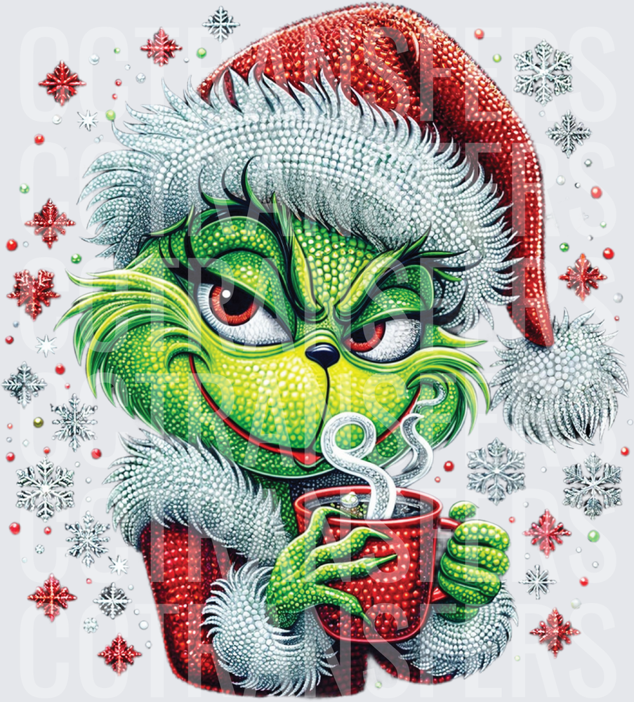 Smirking Green G-Man Santa Hat Hot Coffee Snowflakes (DTF)