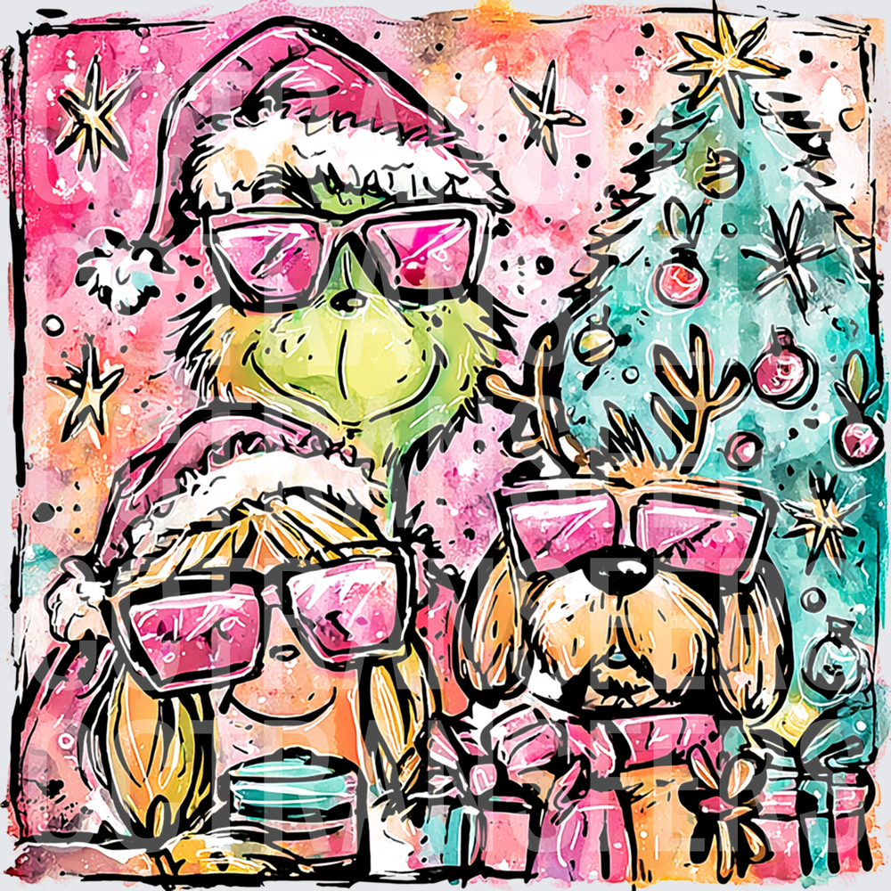 Pink Watercolor G-Man Girl & Dog Christmas Squad (DTF)