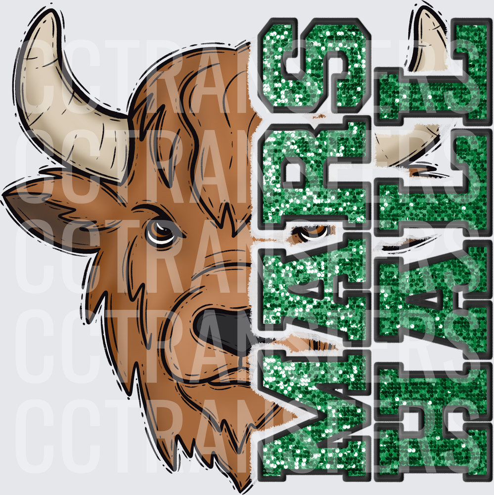Mars Hill Bison Mascot Green Glitter Varsity Letters (DTF)