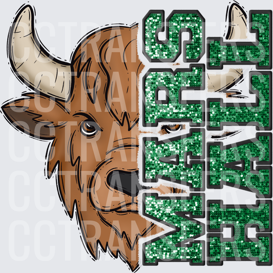 Mars Hill Bison Mascot Green Glitter Varsity Letters (DTF)