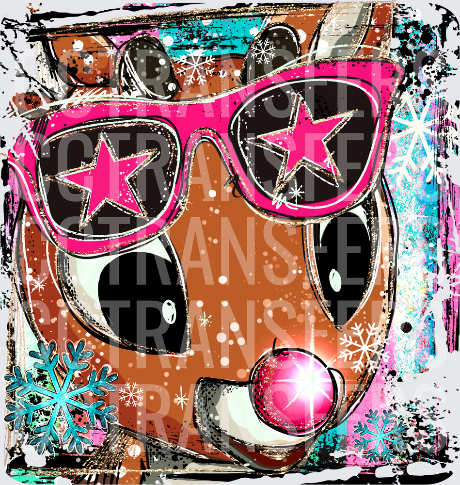 Groovy Reindeer Pink Star Sunglasses Glowing Red Nose (DTF)