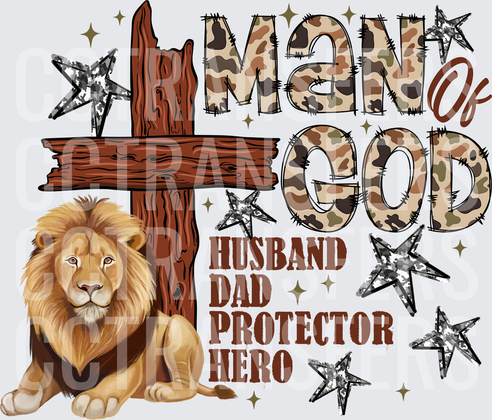 Man of God Husband Dad Protector Hero Lion Cross (DTF)