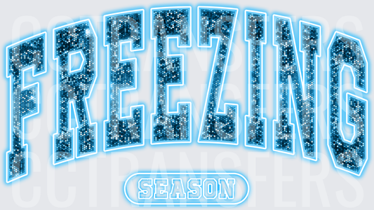 Freezing Season Arched Glitter Neon Blue Varsity Text (DTF)