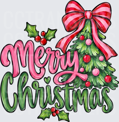 Merry Christmas Tree Pink Red Bow Holly Script (DTF)