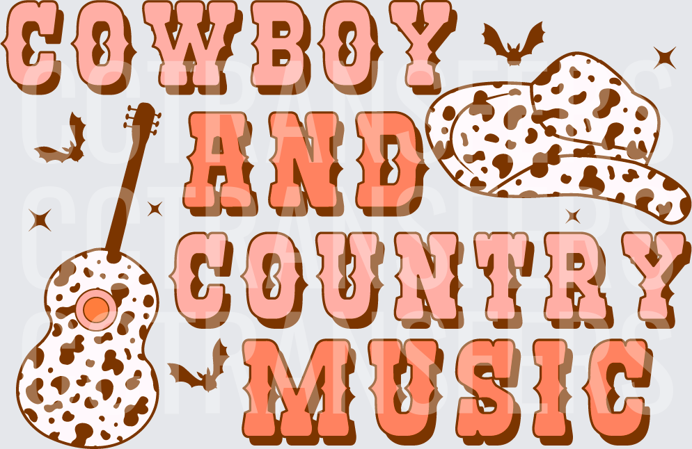 Cowboy And Country Music Cow Print Hat Guitar Bats (DTF)