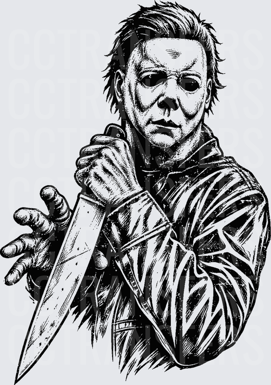 Black and White Masked Slasher Holding Knife Ink Art (DTF)