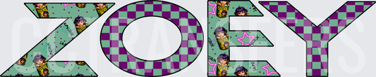 Zoey Name Purple Checkered Animated Girl Letter Design (DTF)