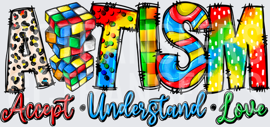 Autism Accept Understand Love Colorful Puzzle Letters (DTF)