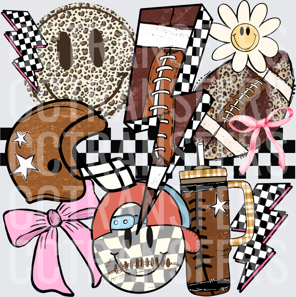 Retro Football Collage Smiley Leopard Checkered Pink Bow (DTF)