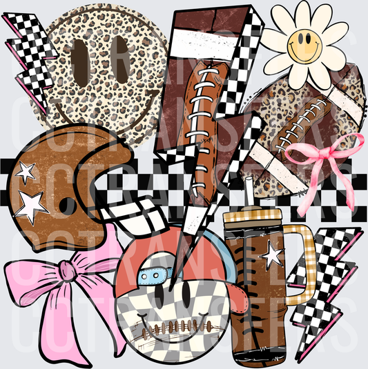 Retro Football Collage Smiley Leopard Checkered Pink Bow (DTF)