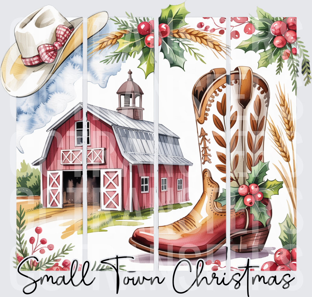 Small Town Christmas Cowboy Boot Barn Holly Watercolor (DTF)