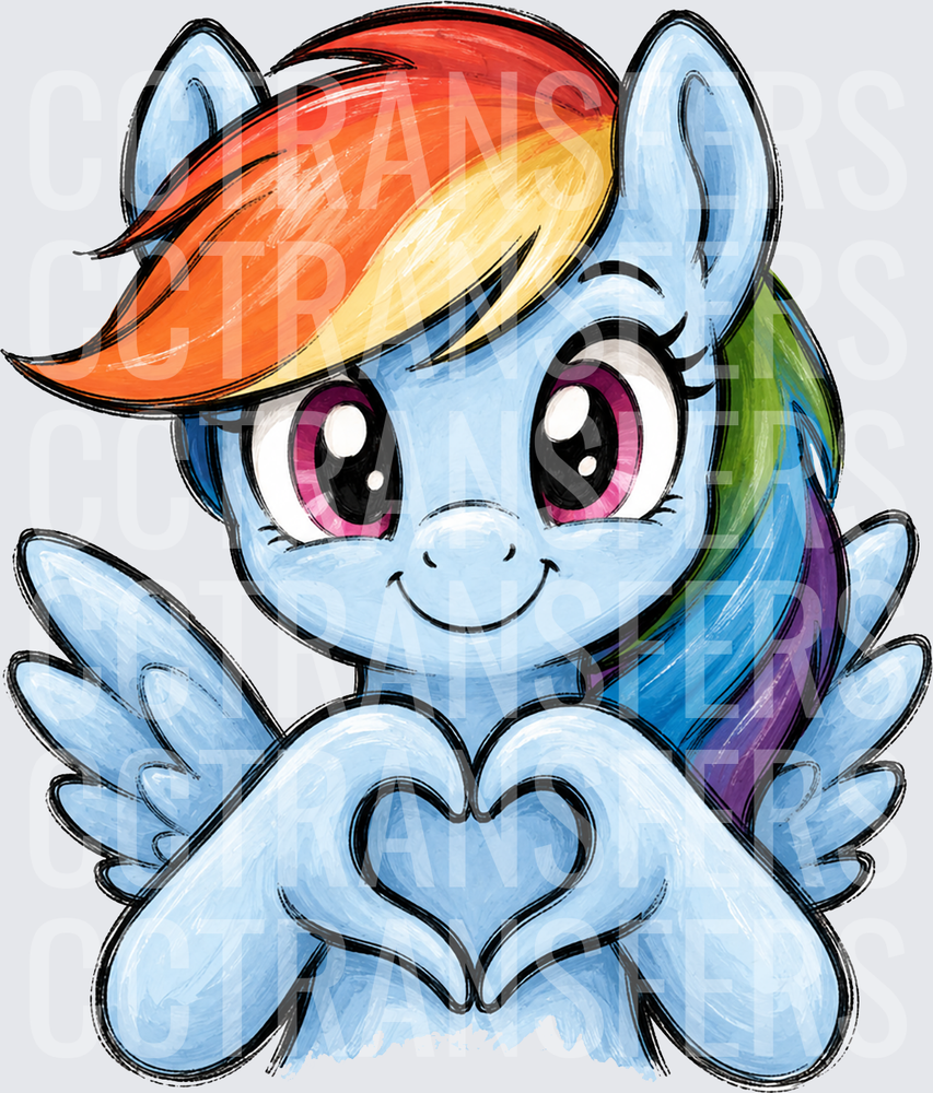 Cute Blue Pegasus Pony Rainbow Mane Heart Hands (DTF)