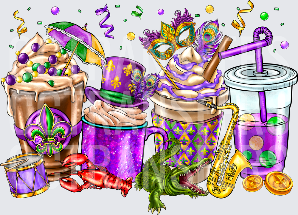 Mardi Gras Festive Drinks Alligator Crawfish Jazz Celebration (DTF)