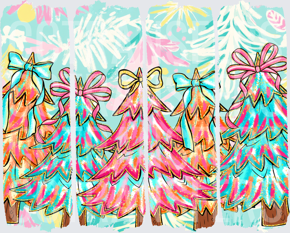 Colorful Preppy Christmas Trees with Bows Panel Design (DTF)