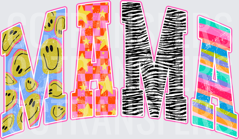Mama Bold Mixed Pattern Letters Smiley Face Zebra (DTF)