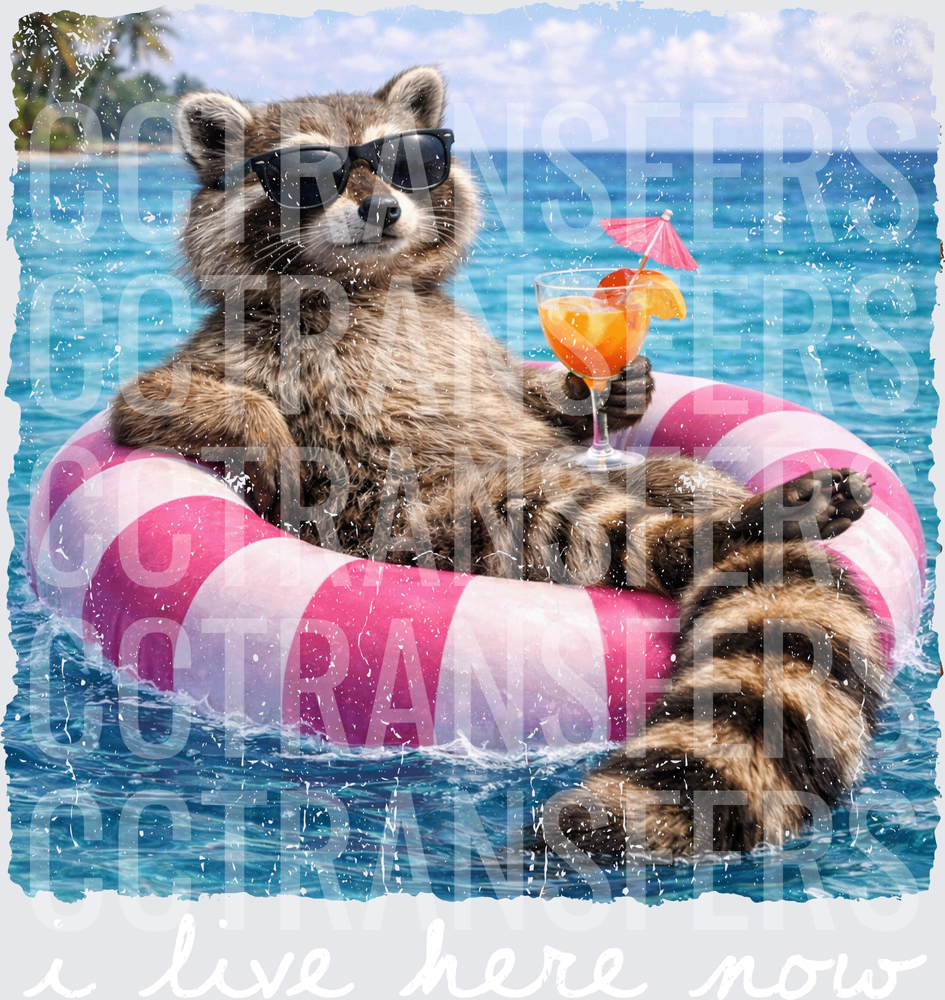Cool Raccoon Lounging on Pool Float with Tropical Drink (DTF)