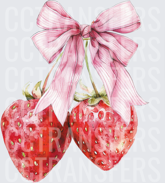 Watercolor Strawberry Pair with Pink Ribbon Bow (DTF)