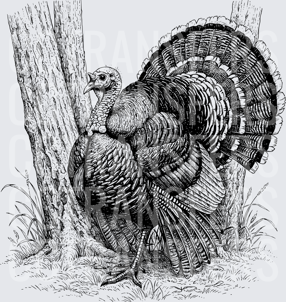Wild Turkey Fan Tail Black and White Ink Drawing (DTF)