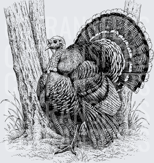 Wild Turkey Fan Tail Black and White Ink Drawing (DTF)