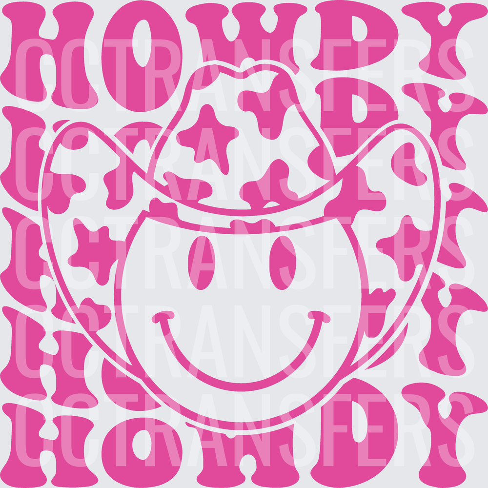 Howdy Smiley Face Cow Print Cowboy Hat Pink (DTF)
