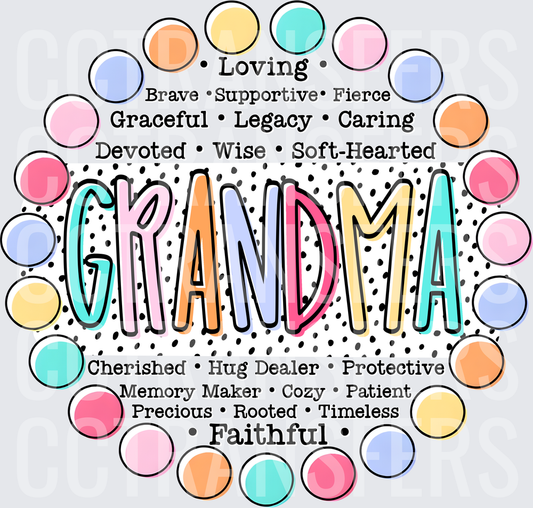 Grandma Word Art Colorful Polka Dot Circle Design (DTF)