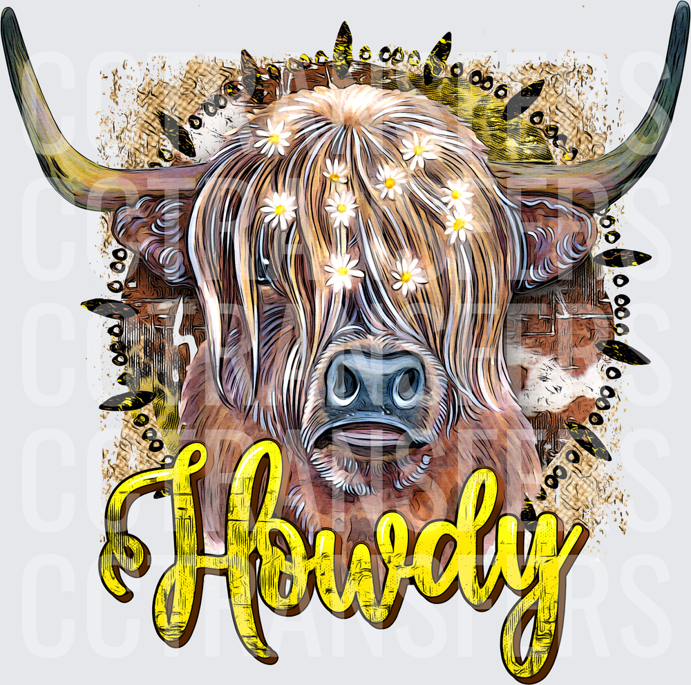 Howdy Highland Cow with Daisy Flowers in Hair (DTF)