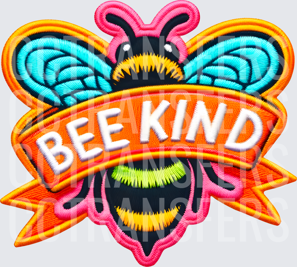 Colorful Embroidered Bee Kind Banner Patch Design (DTF)