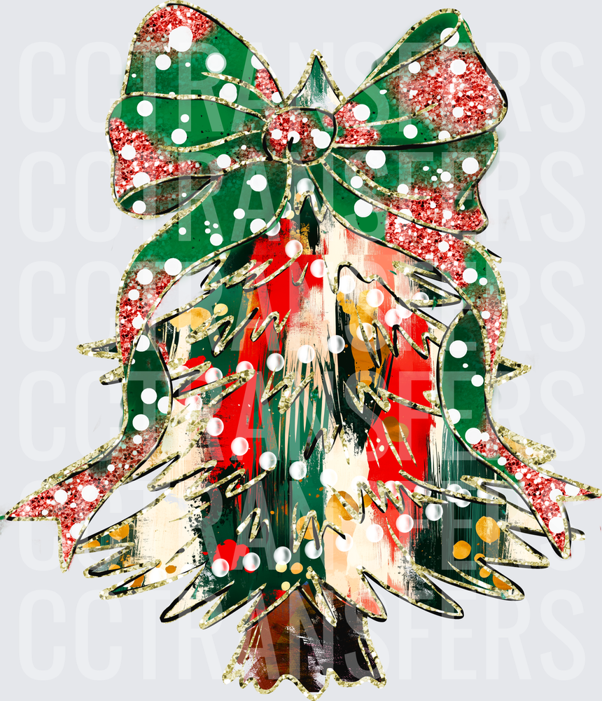 Glitter Christmas Tree with Red Green Bow Snow Dots (DTF)