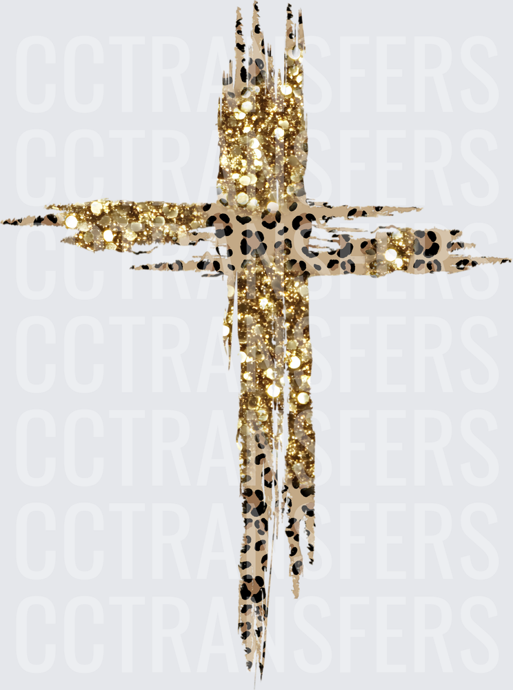 Gold Glitter Leopard Print Brushstroke Cross (DTF)