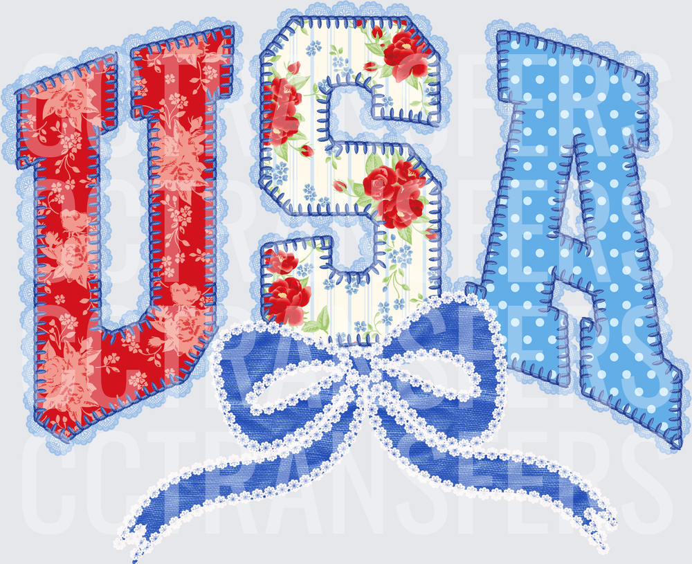 USA Patchwork Floral Lace Appliqué Letters with Blue Bow (DTF)