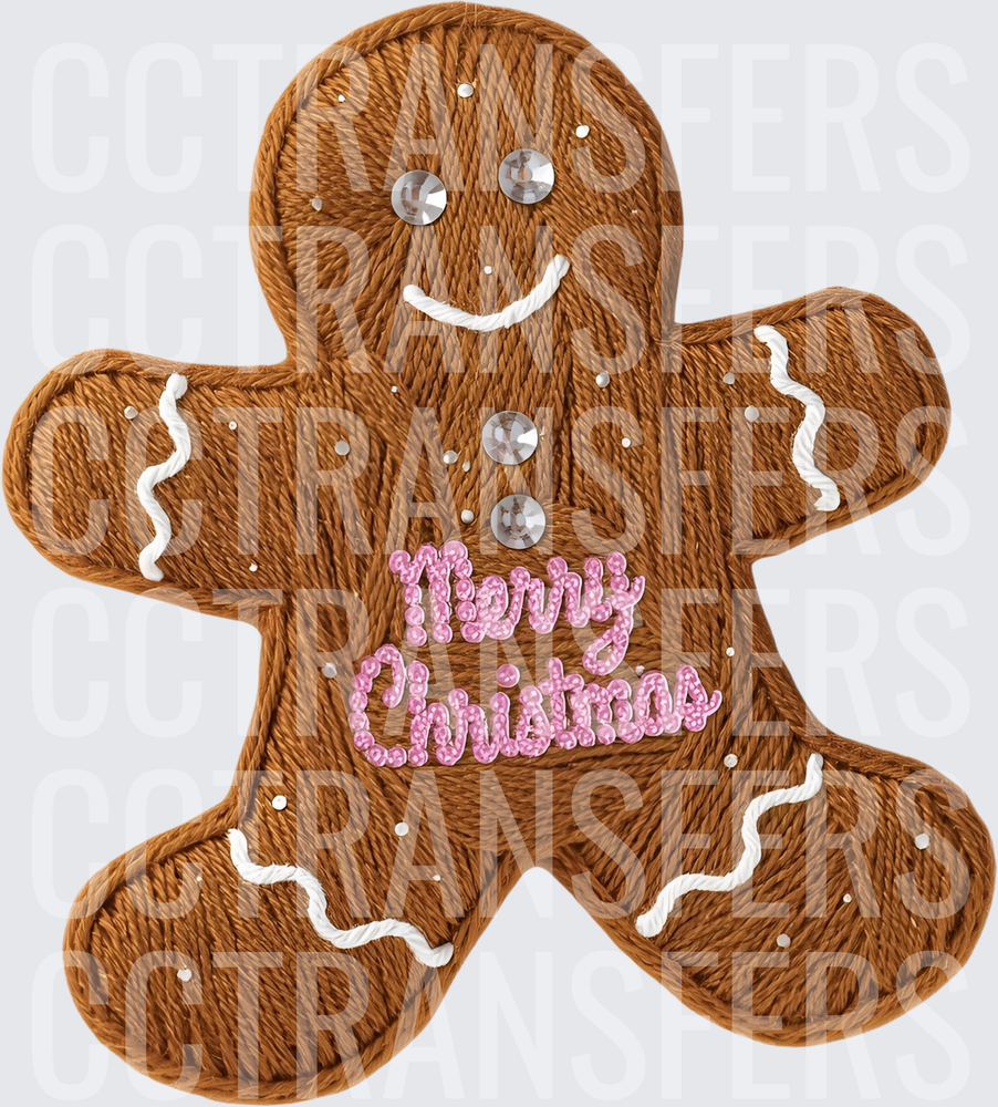Embroidered Gingerbread Man Merry Christmas Rhinestone (DTF)