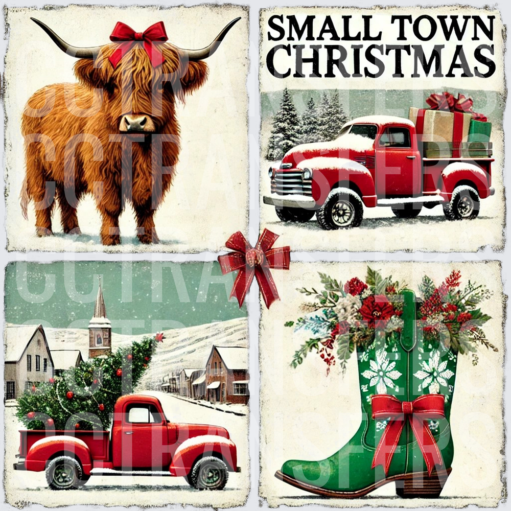 Small Town Christmas Highland Cow Vintage Trucks Cowboy Boot (DTF)