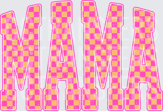 Retro Checkered MAMA Pink Orange Distressed Letters (DTF)