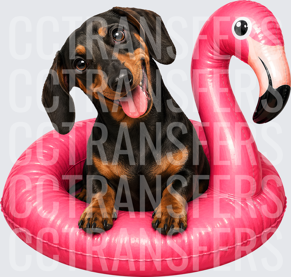 Happy Dachshund Sitting in Pink Flamingo Pool Float (DTF)