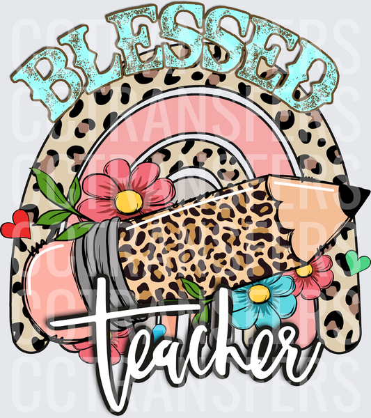 Blessed Teacher Leopard Rainbow Pencil Floral Design (DTF)