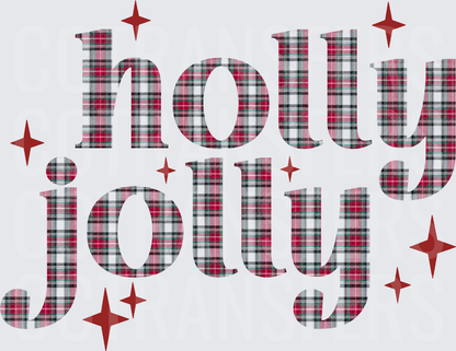 Holly Jolly Plaid Text with Sparkle Stars (DTF)