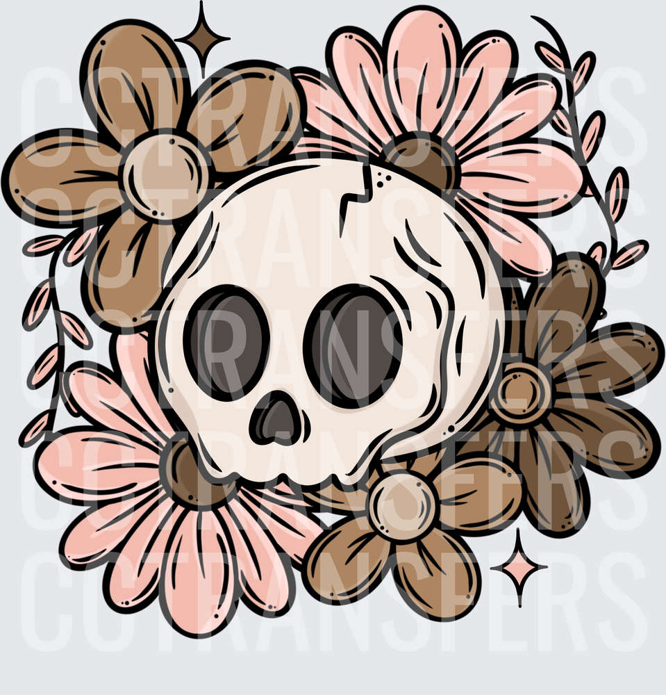Cute Skull Surrounded by Pink and Brown Floral Daisy Blooms (DTF)