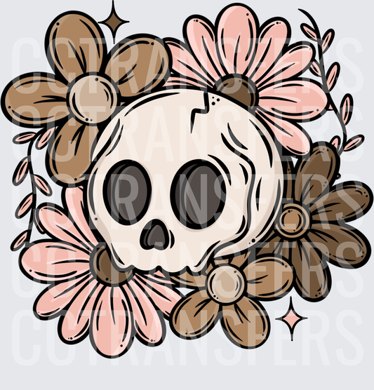 Cute Skull Surrounded by Pink and Brown Floral Daisy Blooms (DTF)
