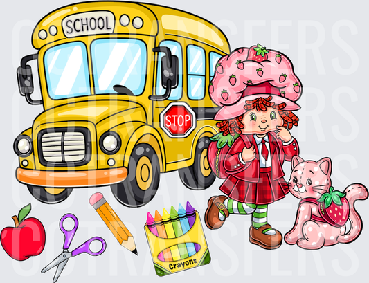 Strawberry Girl Back to School Bus with Cat and Supplies (DTF)