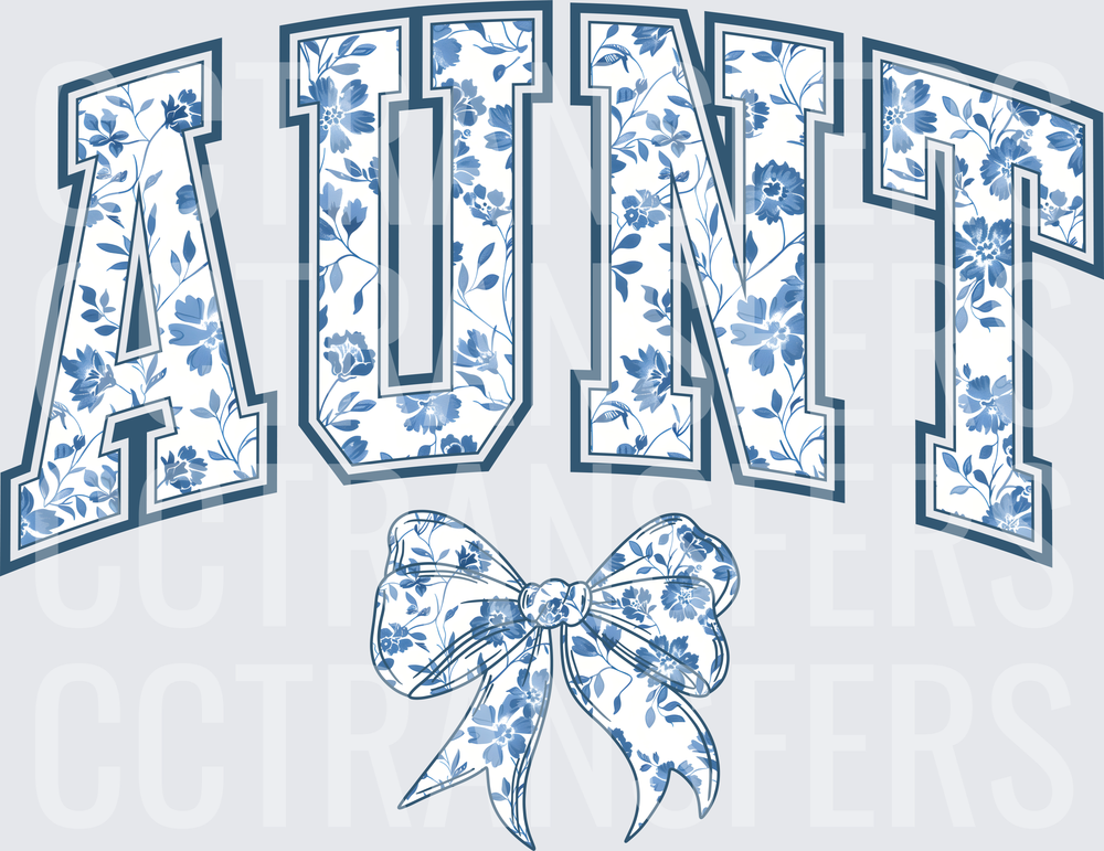 Aunt Varsity Arch Blue Floral Letters with Bow (DTF)