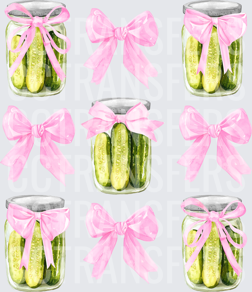 Watercolor Pickle Jars With Pink Bows Pattern (DTF)