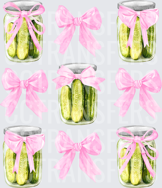 Watercolor Pickle Jars With Pink Bows Pattern (DTF)