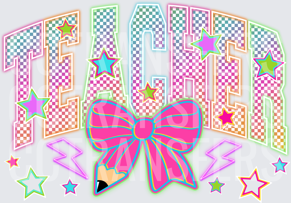 Retro Checkered TEACHER Bow Pencil Stars Lightning (DTF)