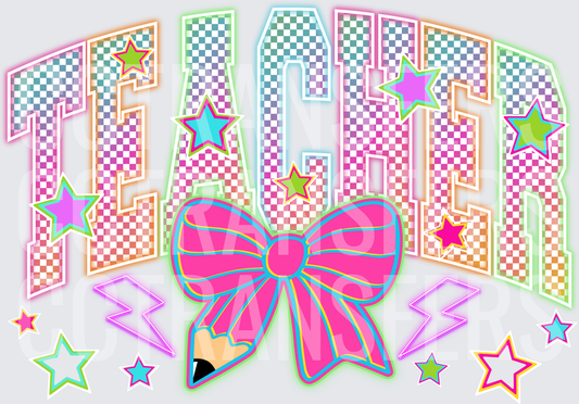 Retro Checkered TEACHER Bow Pencil Stars Lightning (DTF)