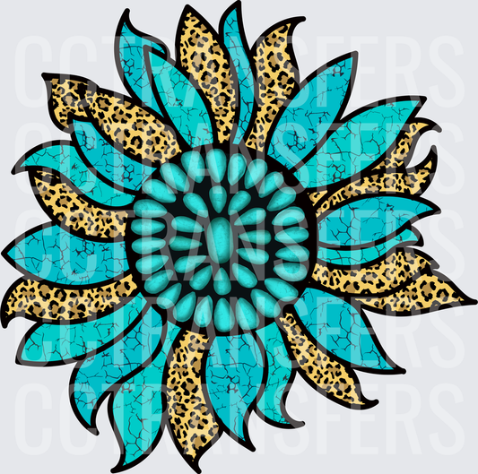 Turquoise Crackle Leopard Print Sunflower Concho Center (DTF)