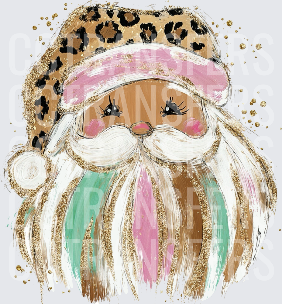 Glam Santa Leopard Hat Colorful Beard Gold Glitter (DTF)