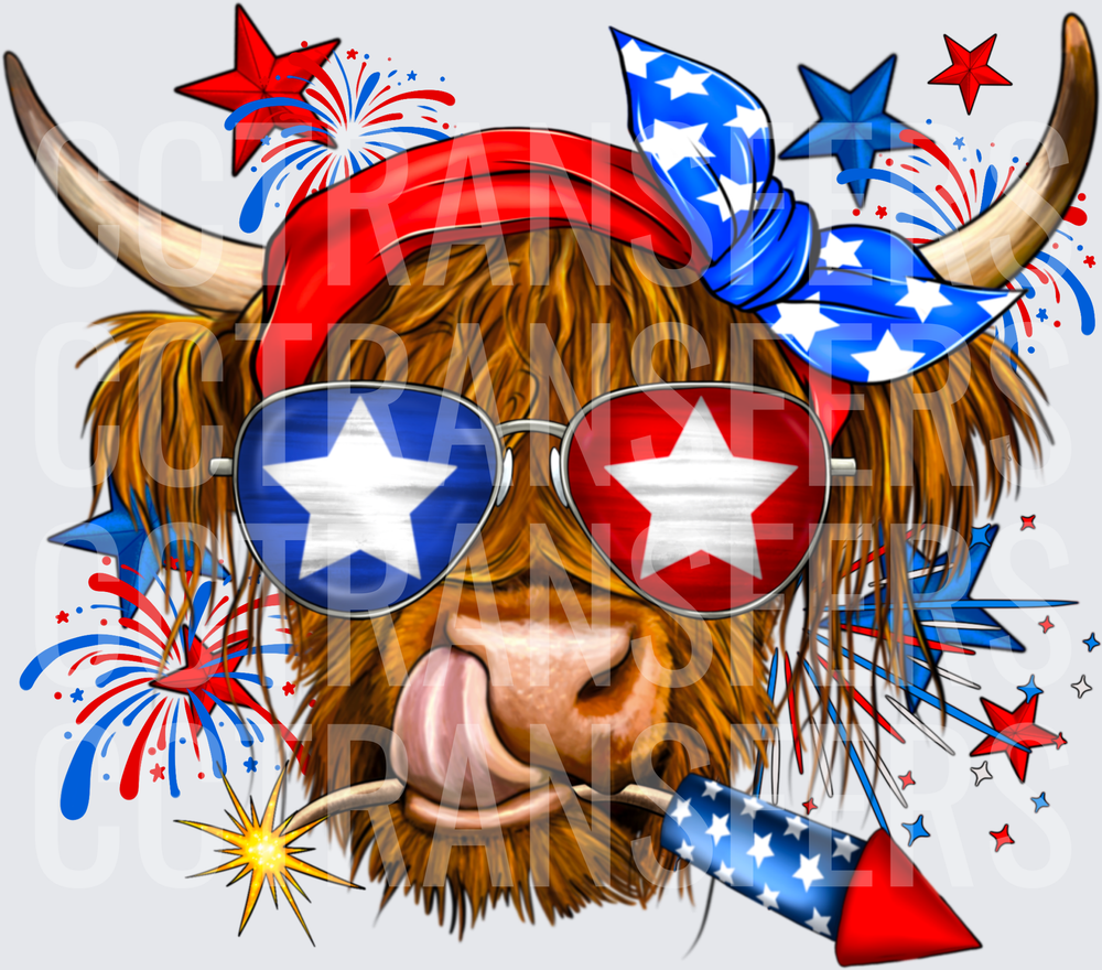 Patriotic Highland Cow Sunglasses Bandana Fireworks (DTF)
