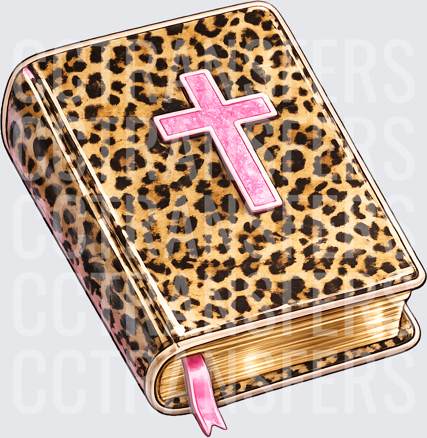 Leopard Print Bible with Pink Cross and Bookmark (DTF)